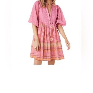 Spell Utopia Cotton Floral Blockprint Puff Sleeve Tie Split Neck Button-Up Mini